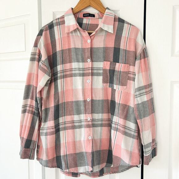 SHEIN Pink Gray Plaid Button Down Long Sleeve Flannel Shirt Size S EUC - Picture 3 of 6